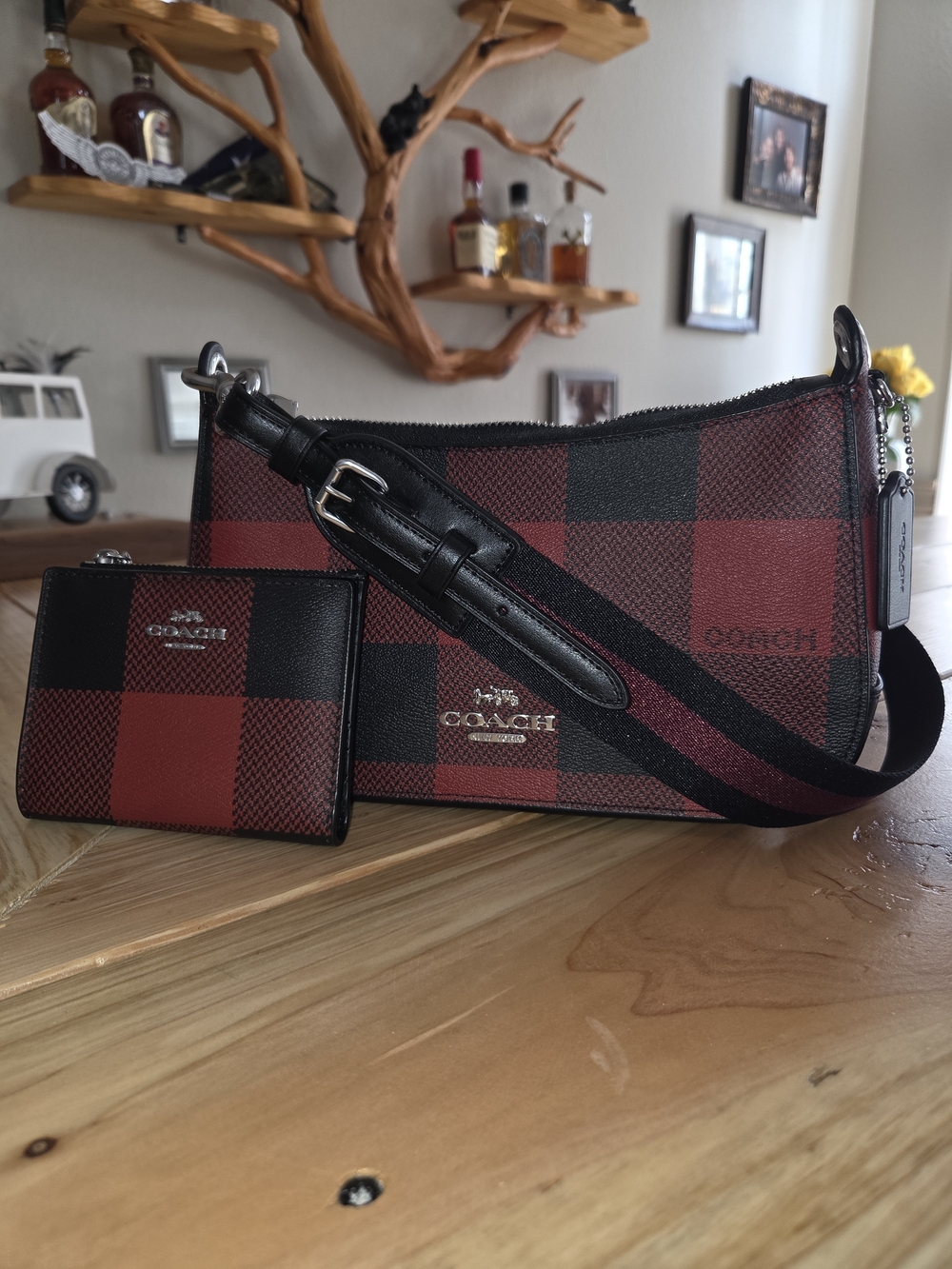Coach Red and Black Plaid Crossbody Bag with Wallet